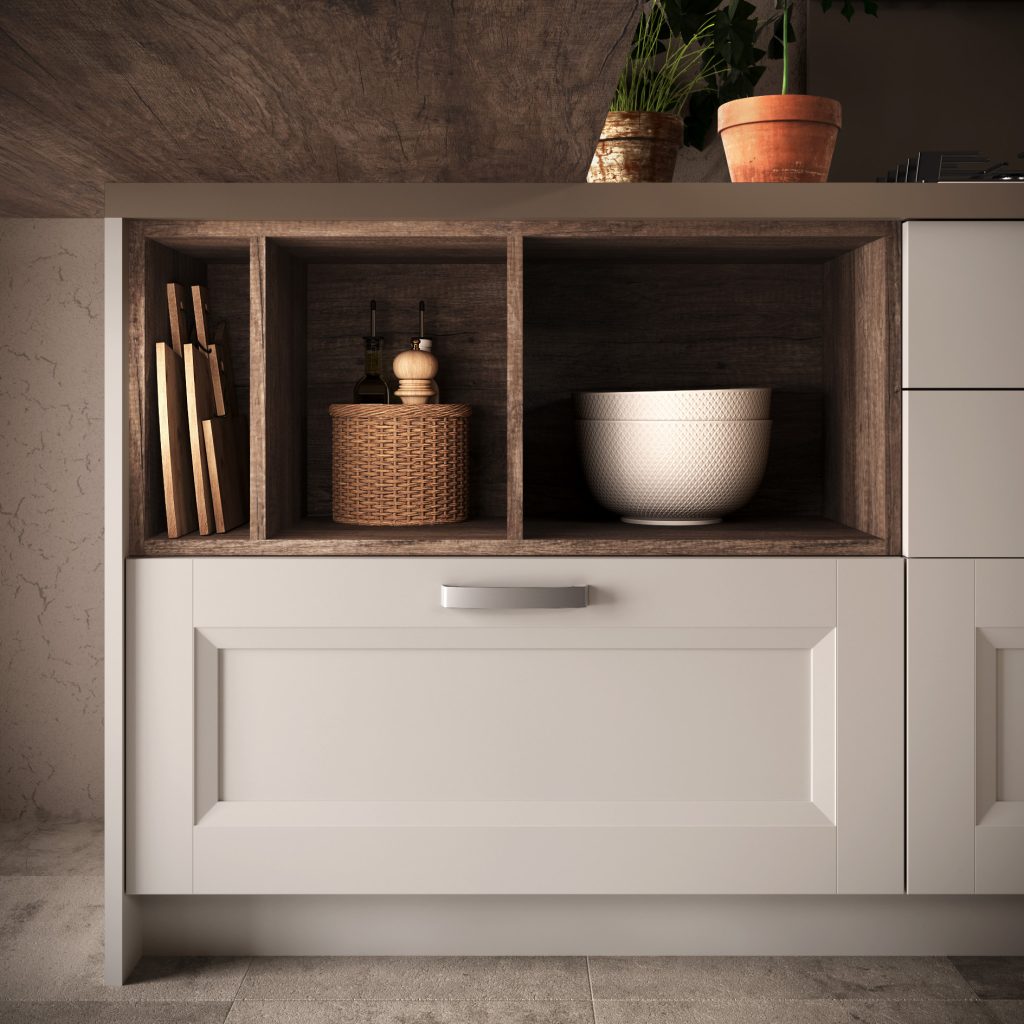 Vano a giorno in legno con taglieri, cestino e ciotole della cucina Classic & Contemporary Caravaggio di Ciao Cucine