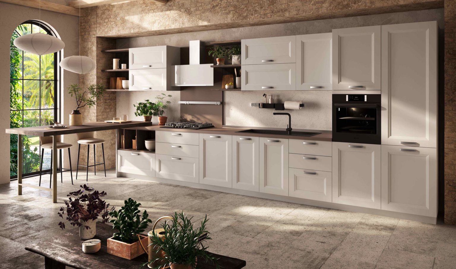 Veduta angolare completa della cucina Classic & Contemporary Caravaggio bianca a telaio di Ciao Cucine con penisola e forno incasso