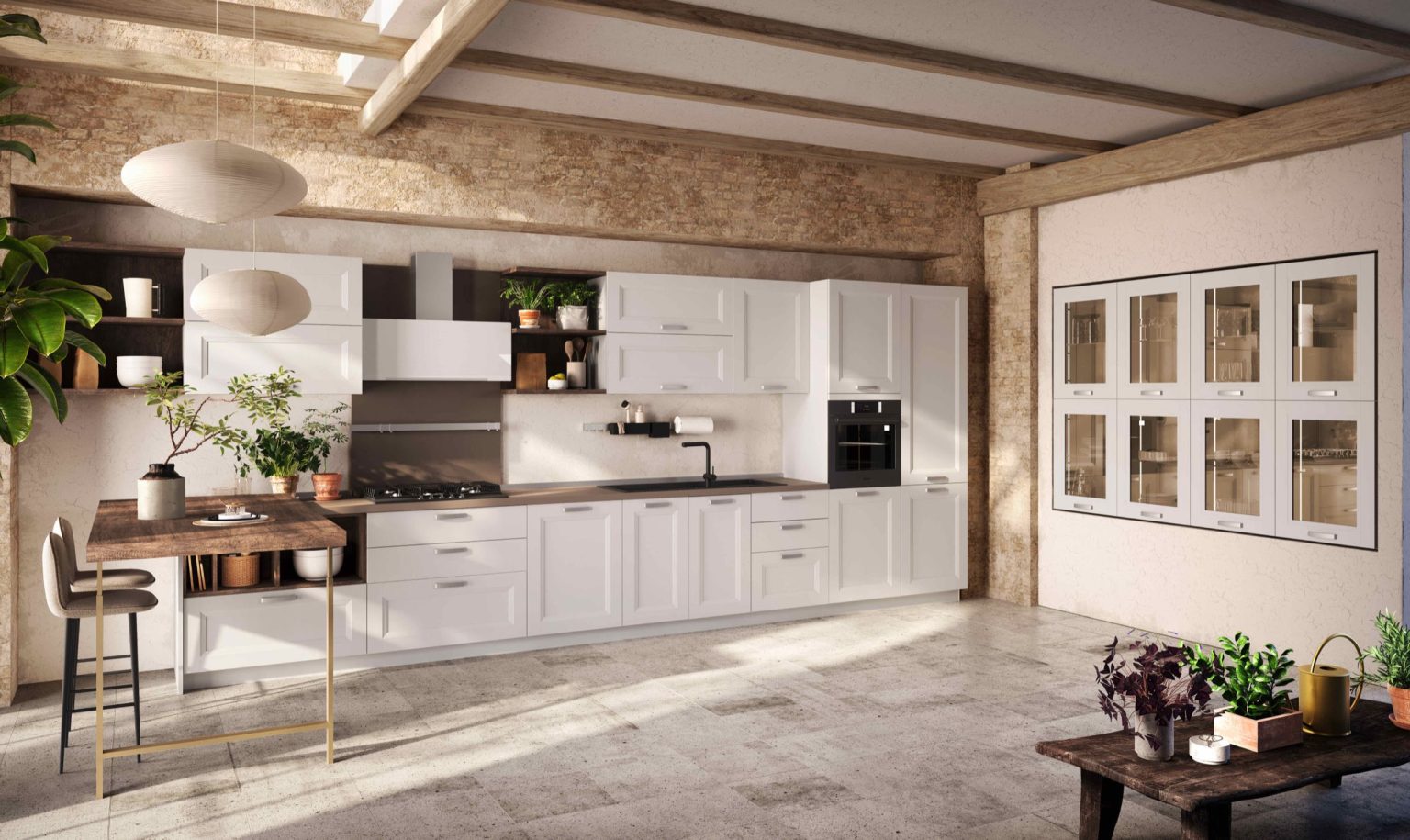 Veduta frontale della cucina lineare classica economica Caravaggio di Ciao Cucine con tavolo snack e vetrina bianca