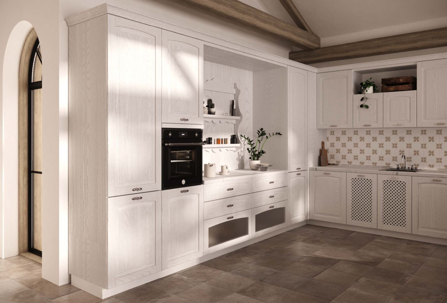 Colonne con forno da incasso e basi grigliate ad angolo della cucina Classic & Contemporary Gioconda bianco decape di Ciao Cucine