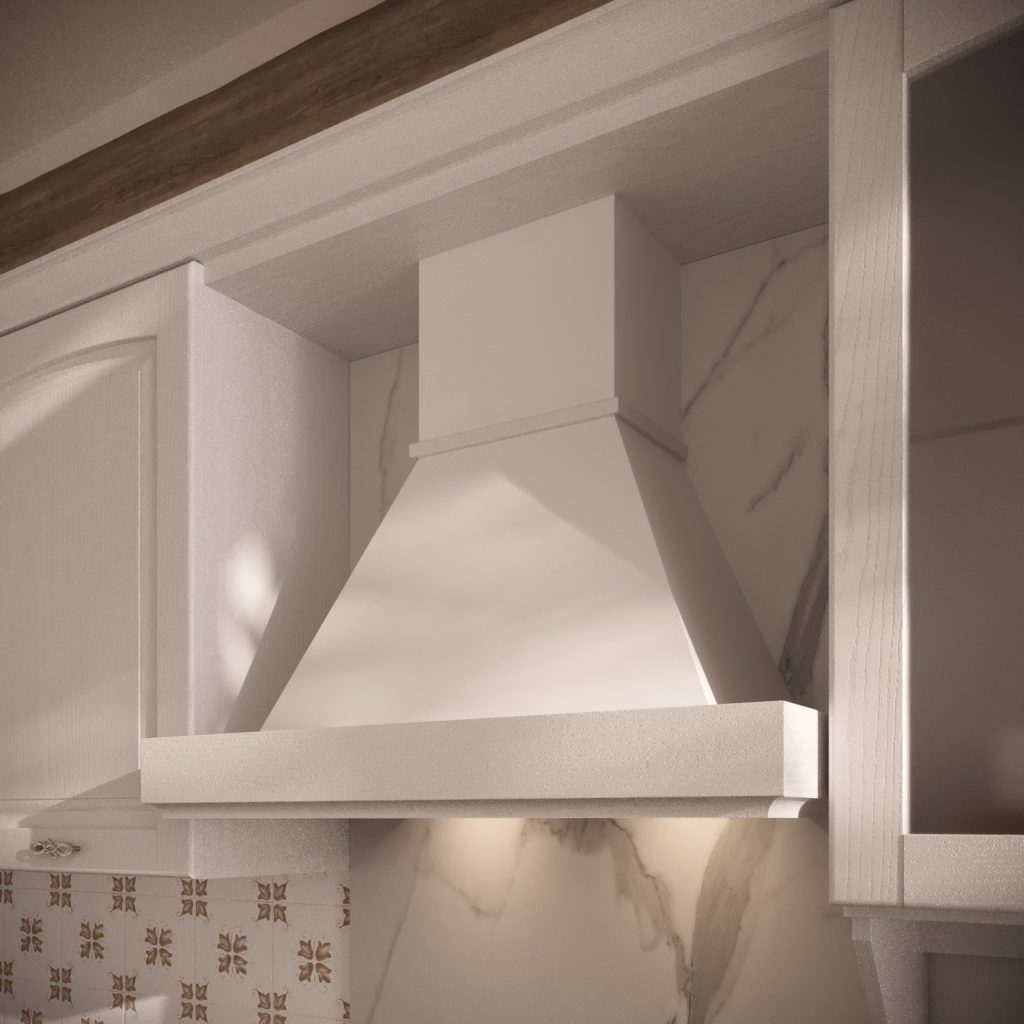 Dettaglio della cappa country in legno decape con paraschizzi in marmo della cucina Classic & Contemporary Gioconda di Ciao Cucine