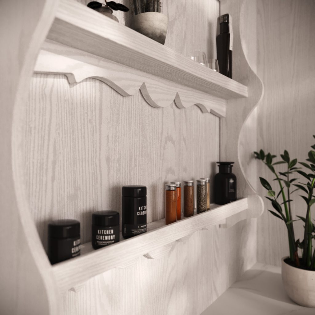 Dettaglio della mensola intagliata portaspezie in legno decape della cucina Classic & Contemporary Gioconda di Ciao Cucine