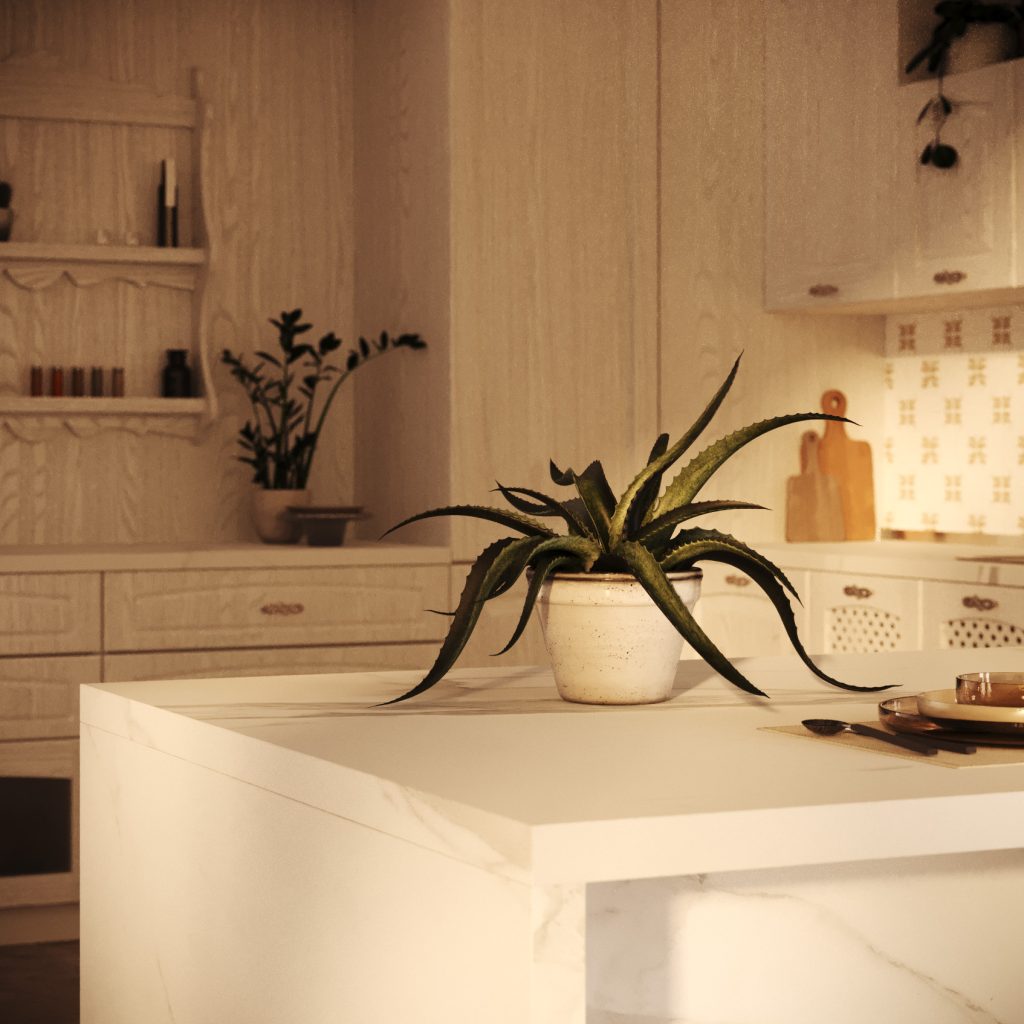 Dettaglio dell'isola in marmo con pianta della cucina Classic & Contemporary Gioconda bianco decape country chic di Ciao Cucine
