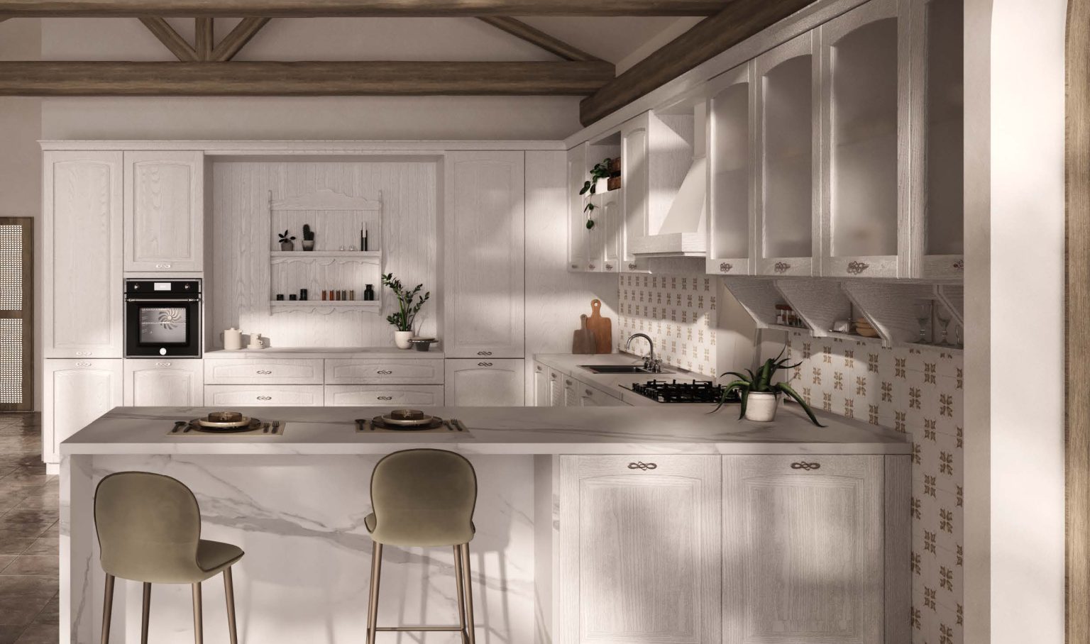 Veduta angolare della cucina Classic & Contemporary Gioconda di Ciao Cucine con colonna forno, penisola snack e piastrelle decorate