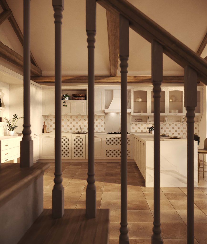 Veduta della cucina Classic & Contemporary Gioconda di Ciao Cucine dalla scala in legno con ringhiera tornita e travi a vista