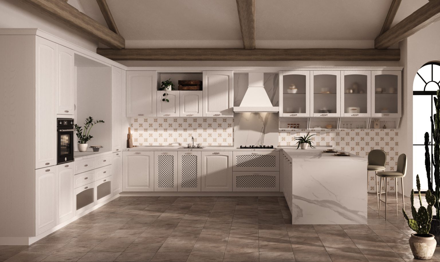 Veduta frontale della cucina Classic & Contemporary Gioconda di Ciao Cucine con cappa country, ante grigliate e penisola in marmo