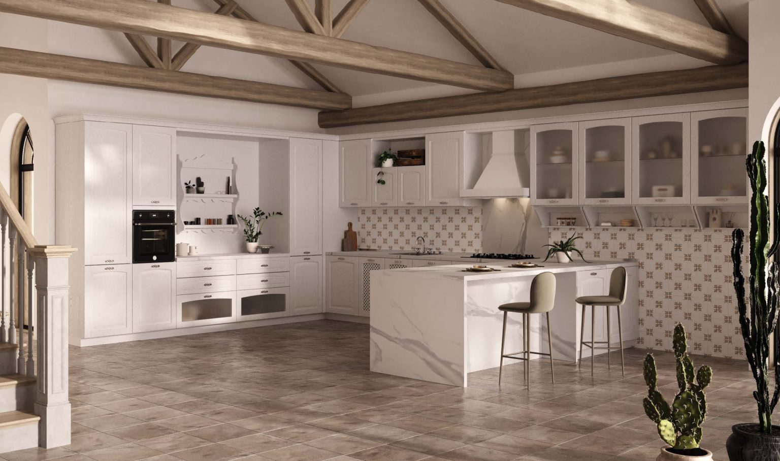 Veduta d'insieme della cucina Classic & Contemporary Gioconda di Ciao Cucine con penisola in marmo, travi a vista e rivestimento decorato