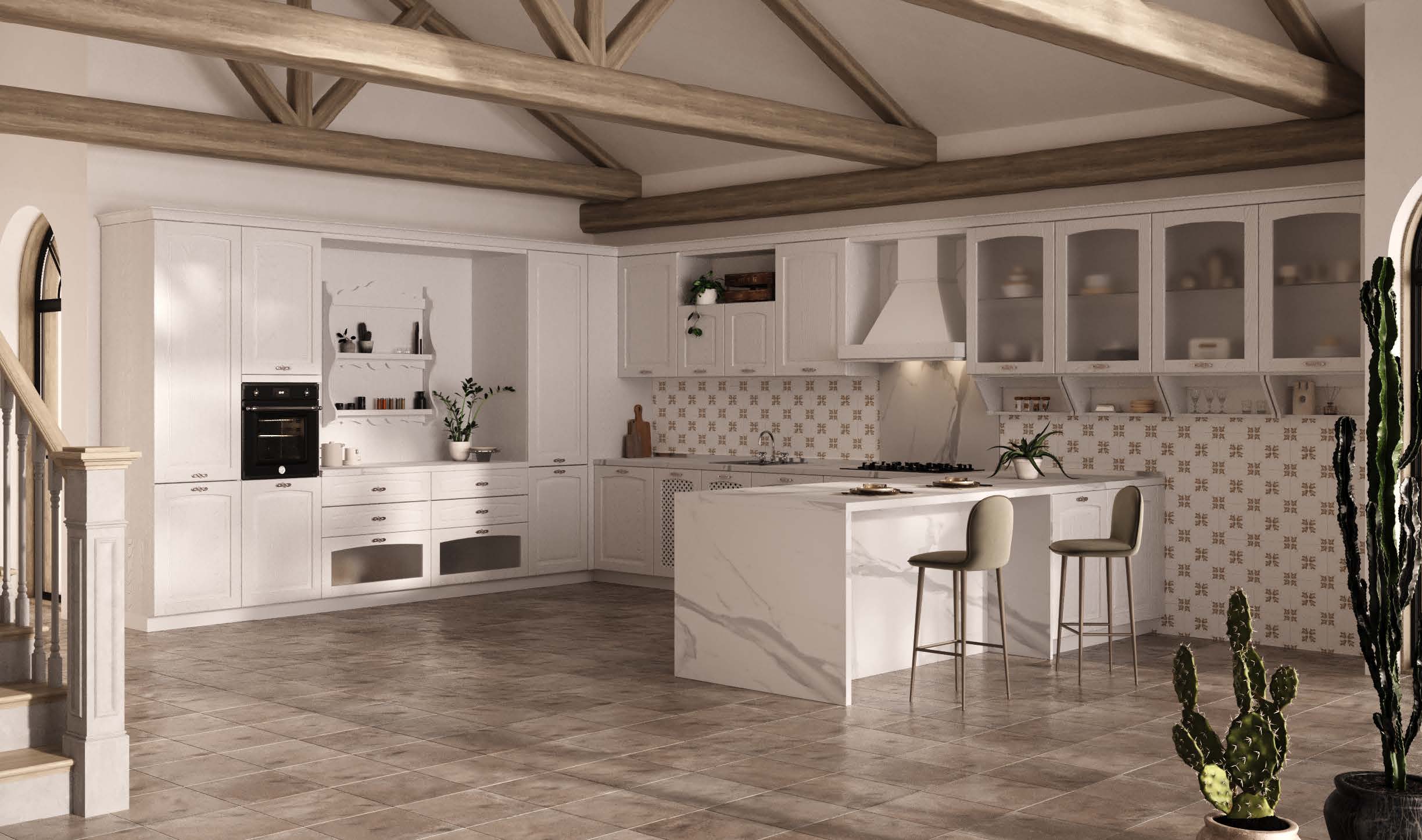 Veduta d'insieme della cucina Classic & Contemporary Gioconda di Ciao Cucine con penisola in marmo, travi a vista e rivestimento decorato