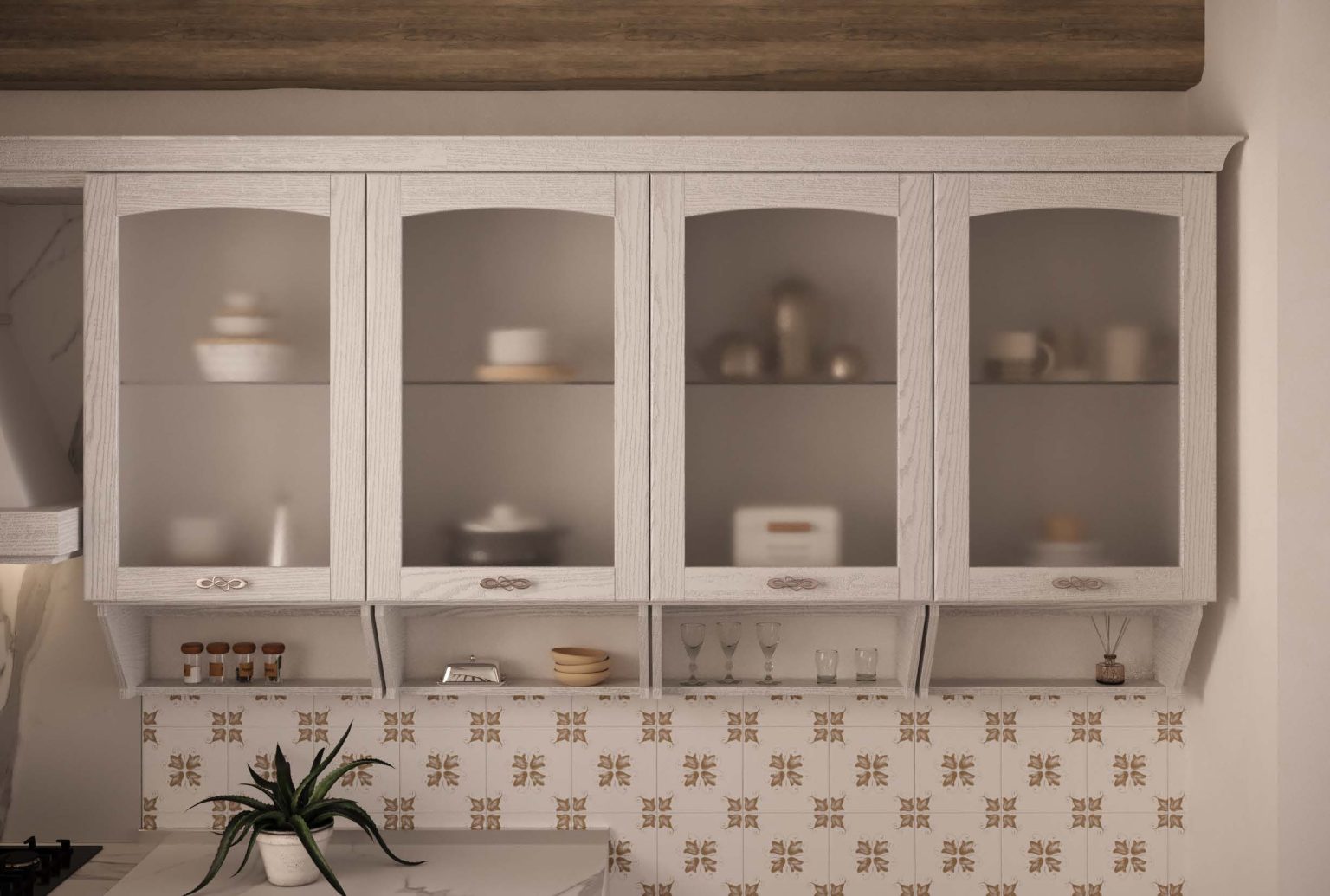 Vetrine pensili con ante ad arco e paraschizzi in maiolica decorata della cucina Classic & Contemporary Gioconda bianco decape di Ciao Cucine