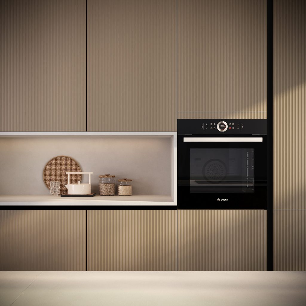 Cucina moderna economica Diamante di Ciao Cucine, dettaglio delle colonne tortora rigate con vano a giorno e forno