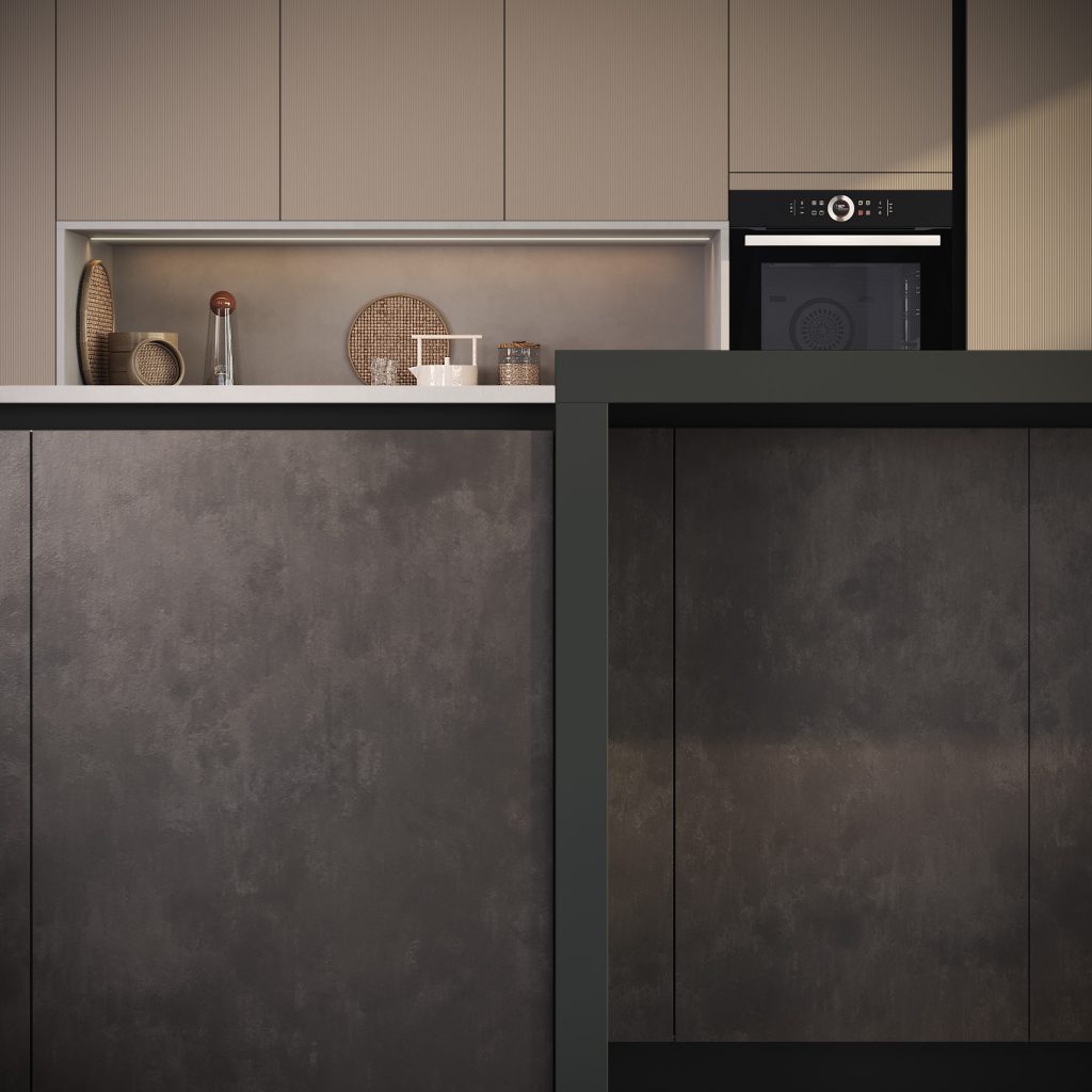 Cucina moderna economica Diamante di Ciao Cucine, dettaglio delle basi isola effetto gres pietra grigio con vano a giorno