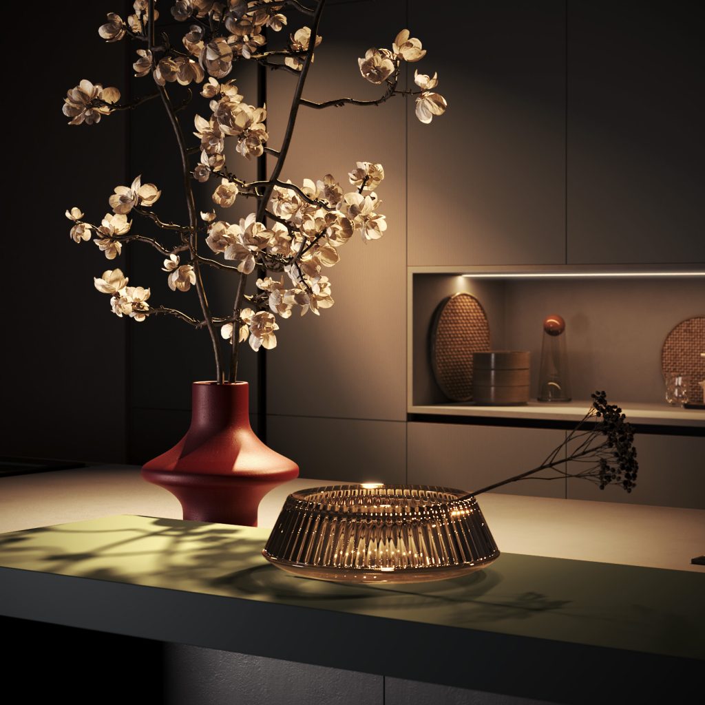 Cucina moderna economica Diamante di Ciao Cucine, dettaglio del top isola con vaso rosso e composizione di fiori secchi in ambiente soft
