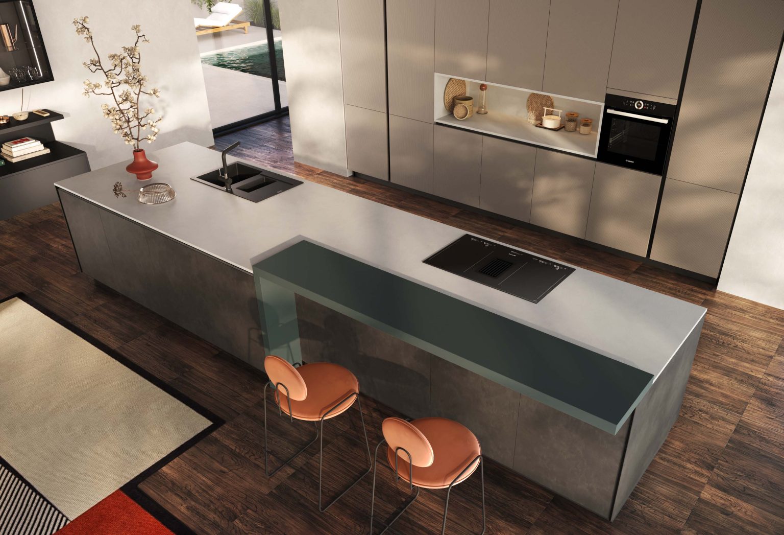 Cucina moderna economica Diamante di Ciao Cucine, veduta dall'alto dell'isola con lavello, piano cottura nero e sgabelli arancioni