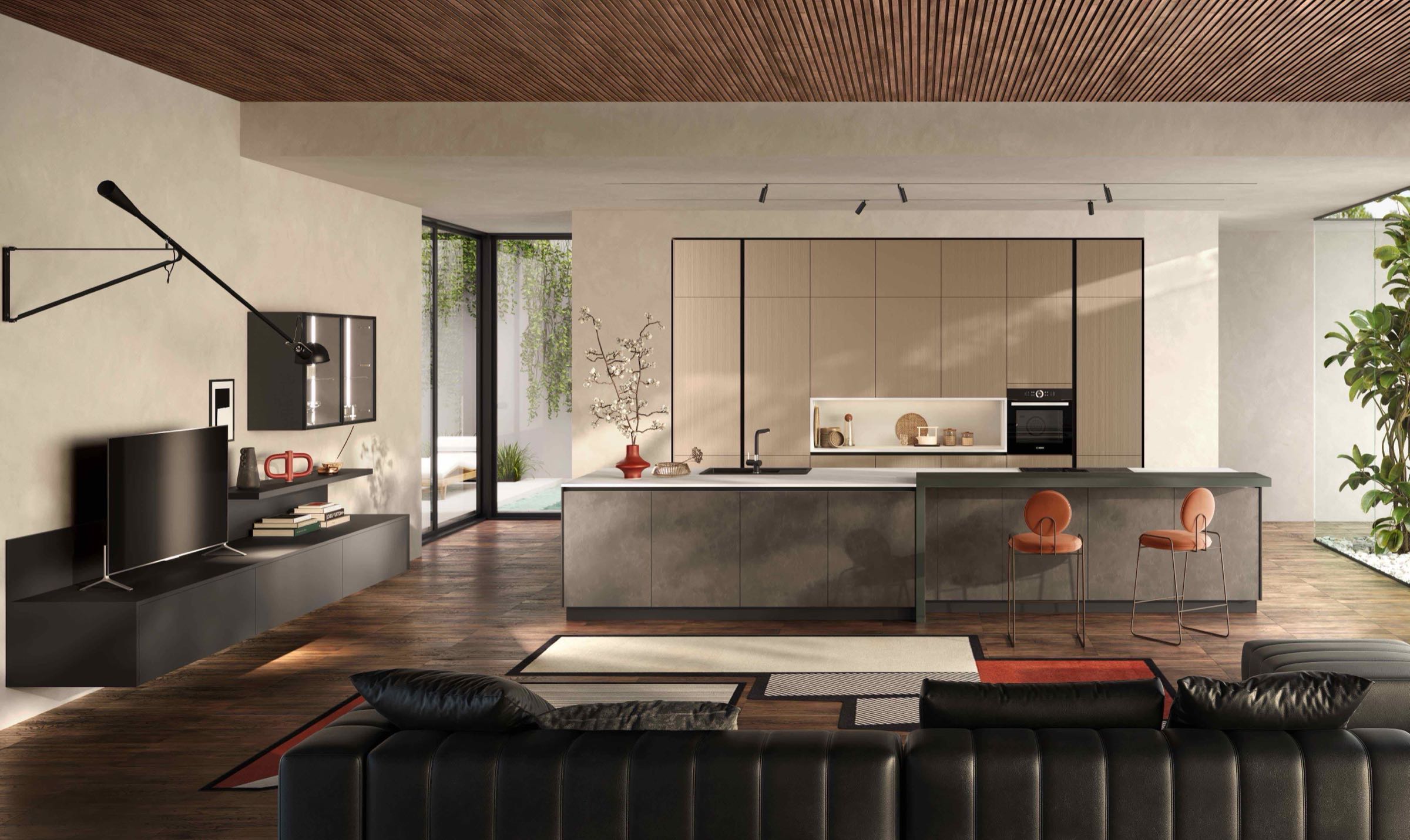 Cucina moderna economica Diamante di Ciao Cucine, veduta frontale con isola effetto pietra, colonne tortora e zona living con divano