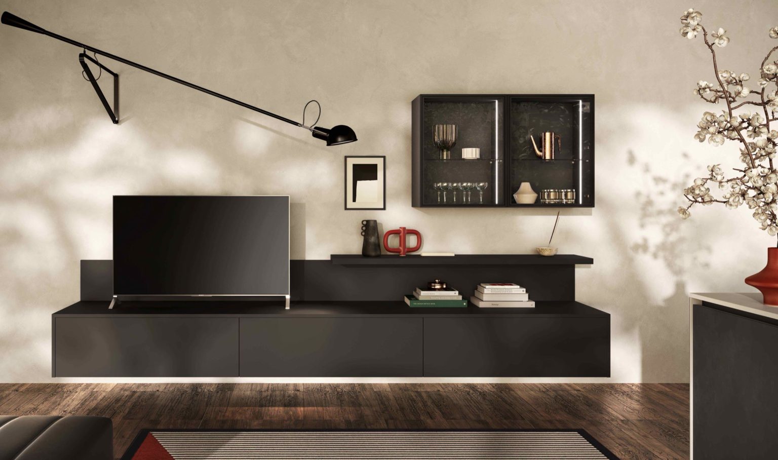 Cucina moderna economica Diamante di Ciao Cucine, zona living con mobile TV nero, pensile vetrina e mensola sospesa