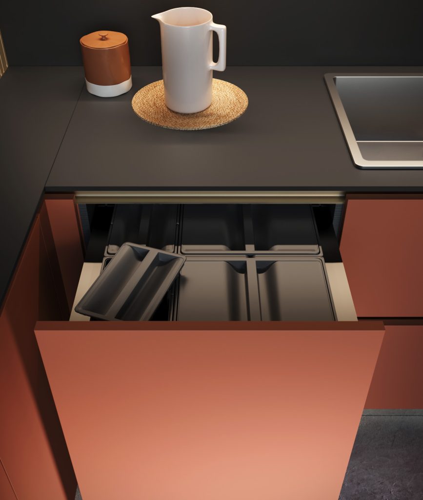 Cassettone estraibile attrezzato per la raccolta differenziata della cucina Modern & Design Ginevra di Ciao Cucine, ante terracotta e piano rovere scuro