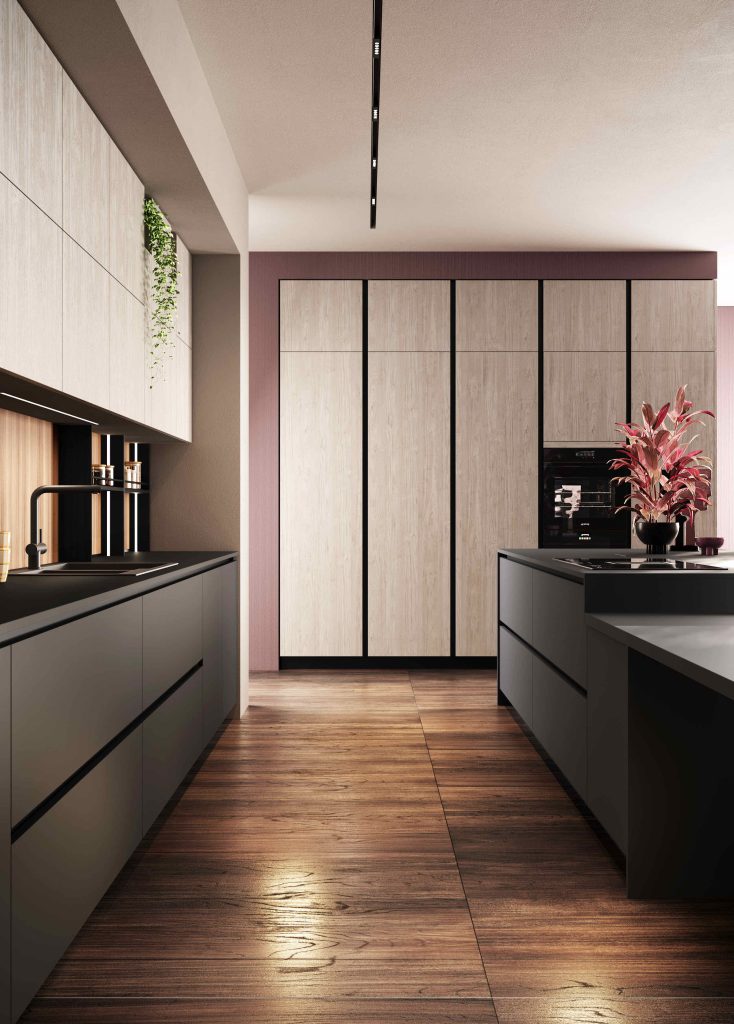 Colonne attrezzate effetto legno chiaro e isola nera della cucina Modern & Design Ginevra di Ciao Cucine viste in prospettiva