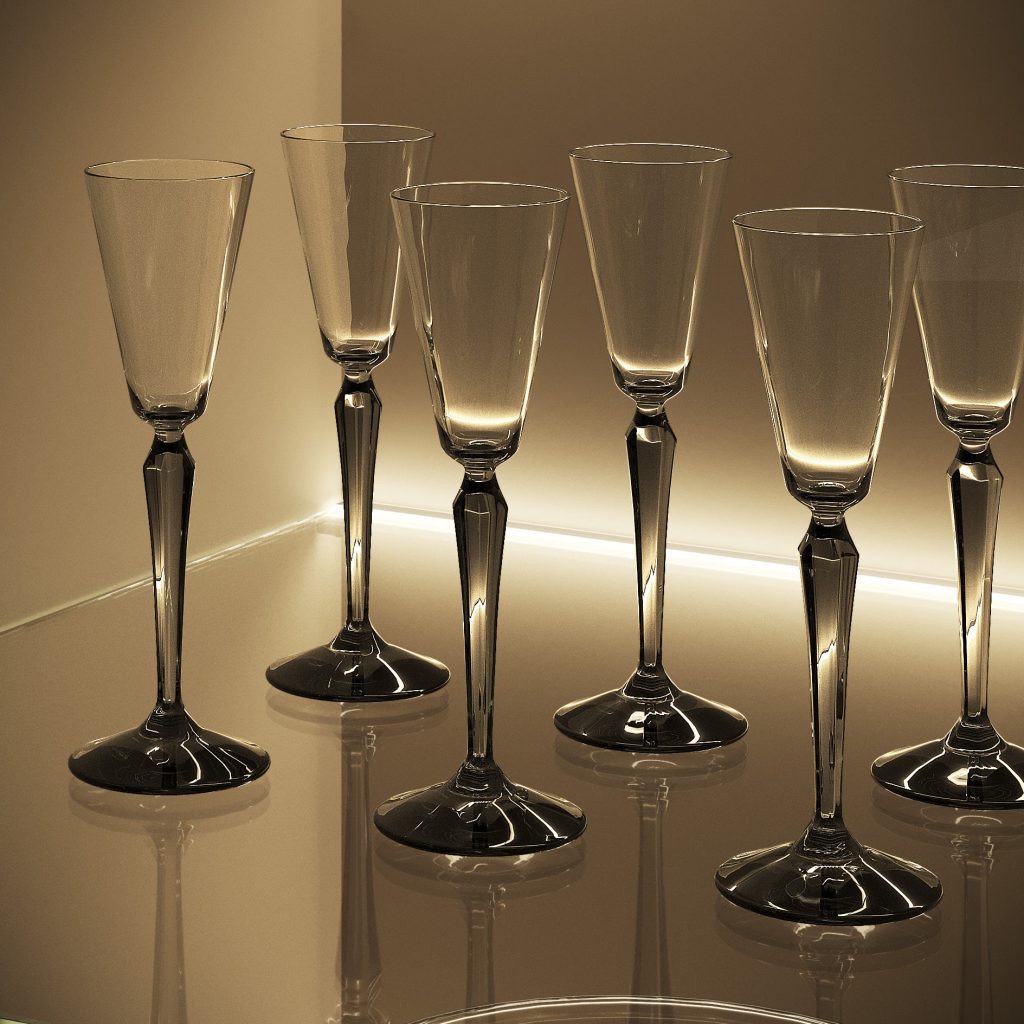 Dettaglio dei calici disposti sul ripiano illuminato della vetrina della cucina Modern & Design Ginevra di Ciao Cucine, profilo champagne