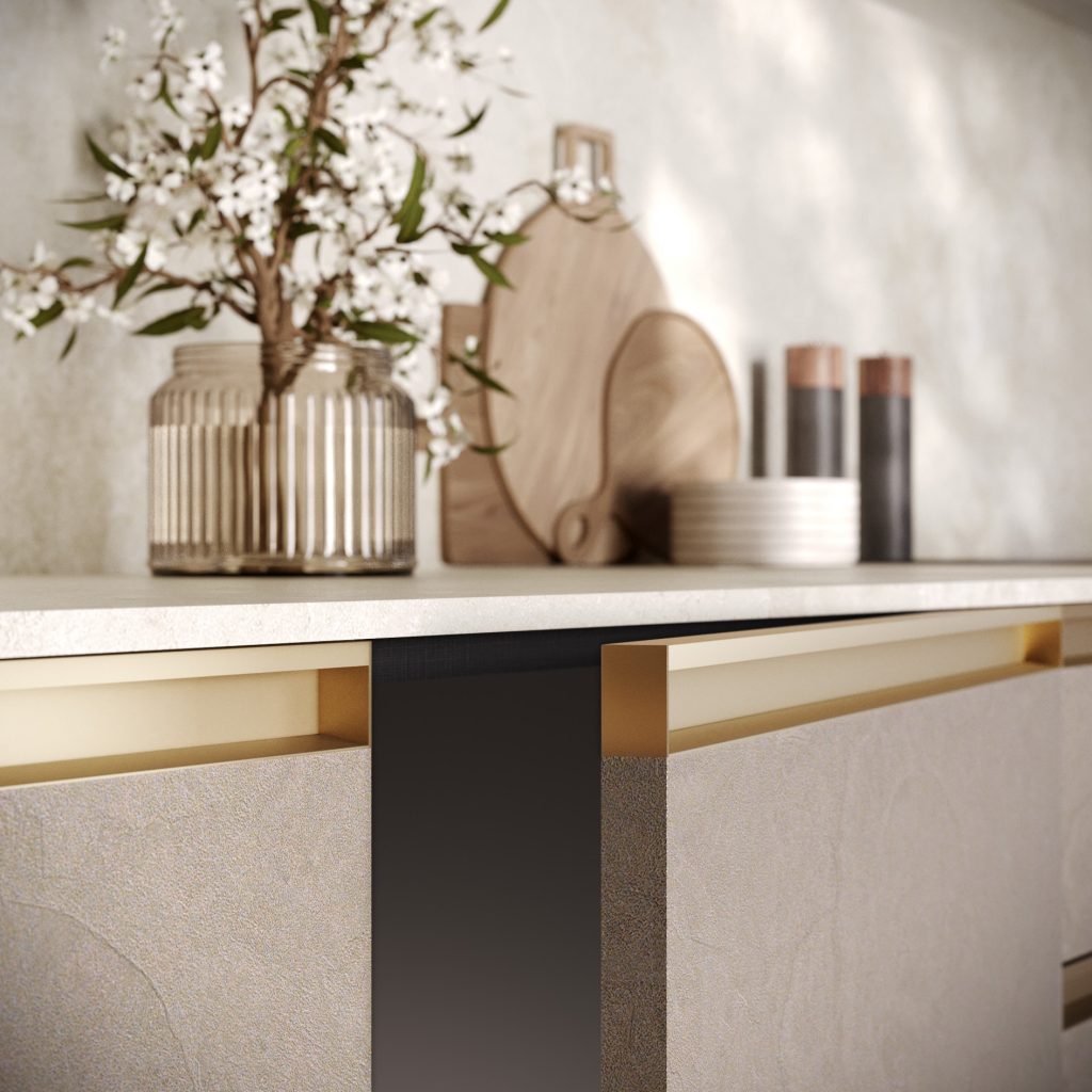 Dettaglio della gola champagne sotto il piano chiaro con vaso di fiori della cucina Modern & Design Ginevra di Ciao Cucine