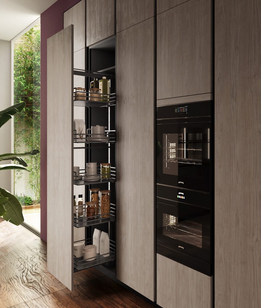 Colonna dispensa estraibile con cestelli e forni della cucina Modern & Design Ginevra di Ciao Cucine, ante effetto legno chiaro