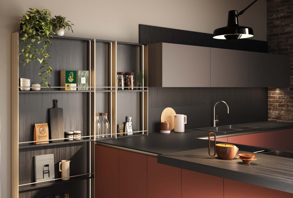Libreria a giorno con mensole e zona lavello della cucina Modern & Design Ginevra di Ciao Cucine, ante terracotta e rovere scuro con parete in mattoni