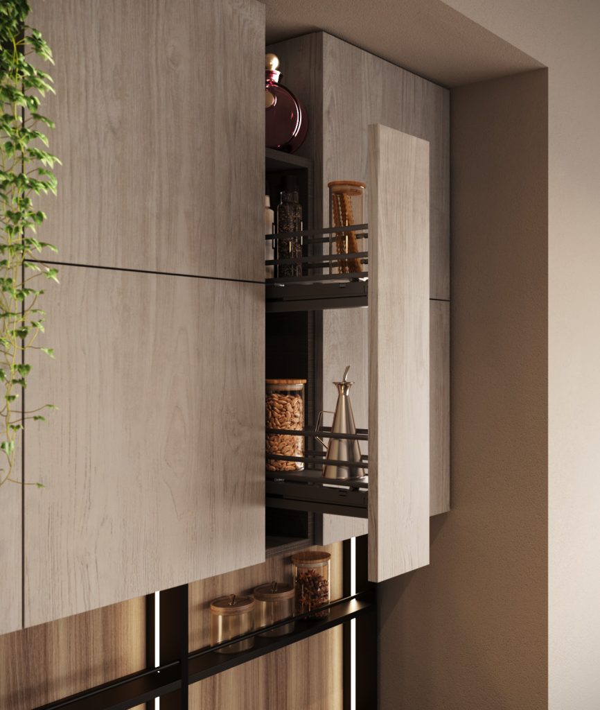 Pensile con cestello estraibile e mensola in vetro della cucina Modern & Design Ginevra di Ciao Cucine, ambiente effetto legno chiaro