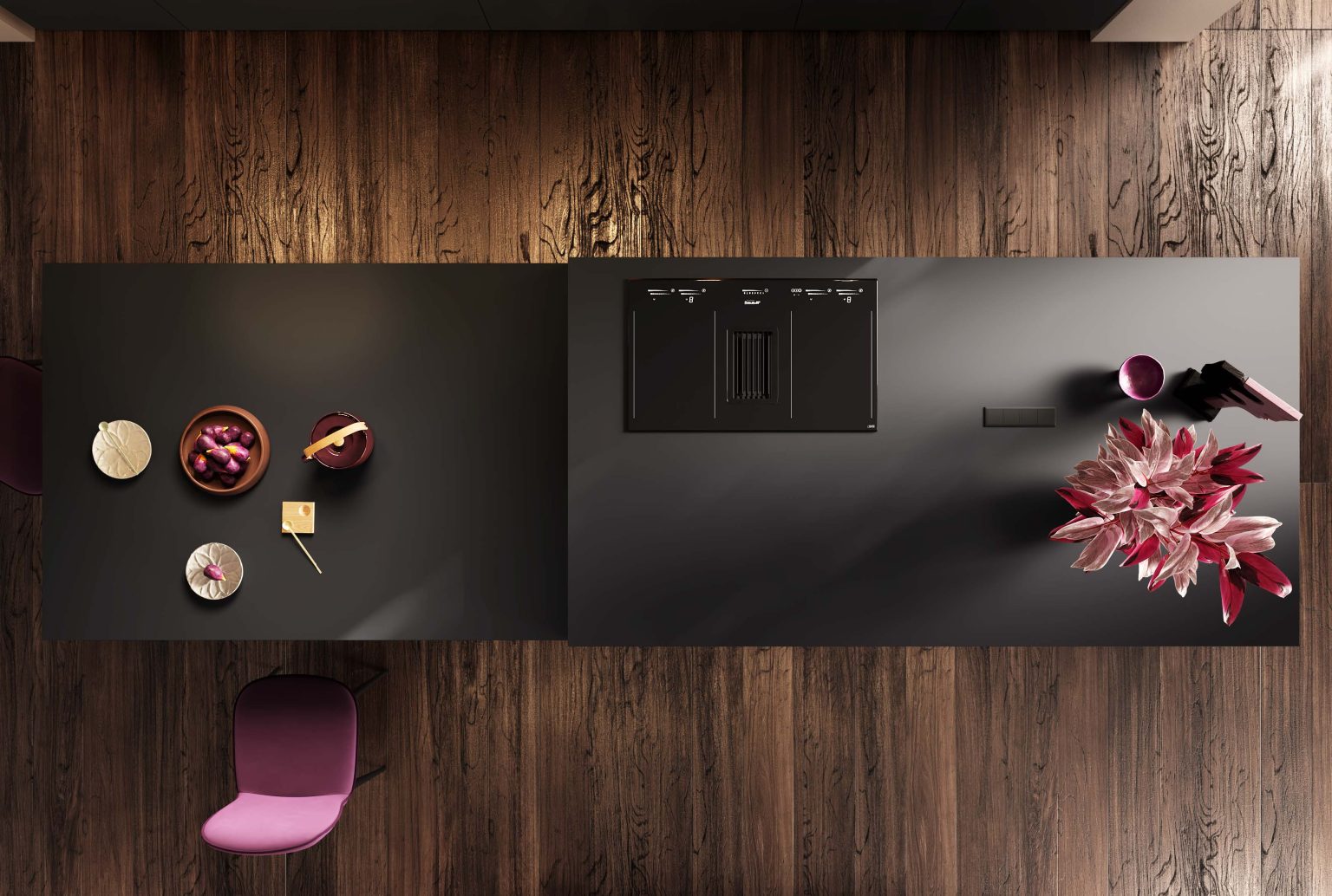 Veduta dall'alto dell'isola con piano cottura e top nero della cucina Modern & Design Ginevra di Ciao Cucine, pavimento effetto legno chiaro