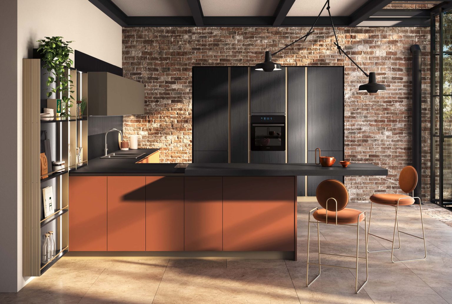 Veduta frontale del loft con isola terracotta e colonne rovere scuro della cucina Modern & Design Ginevra di Ciao Cucine, parete in mattoni a vista
