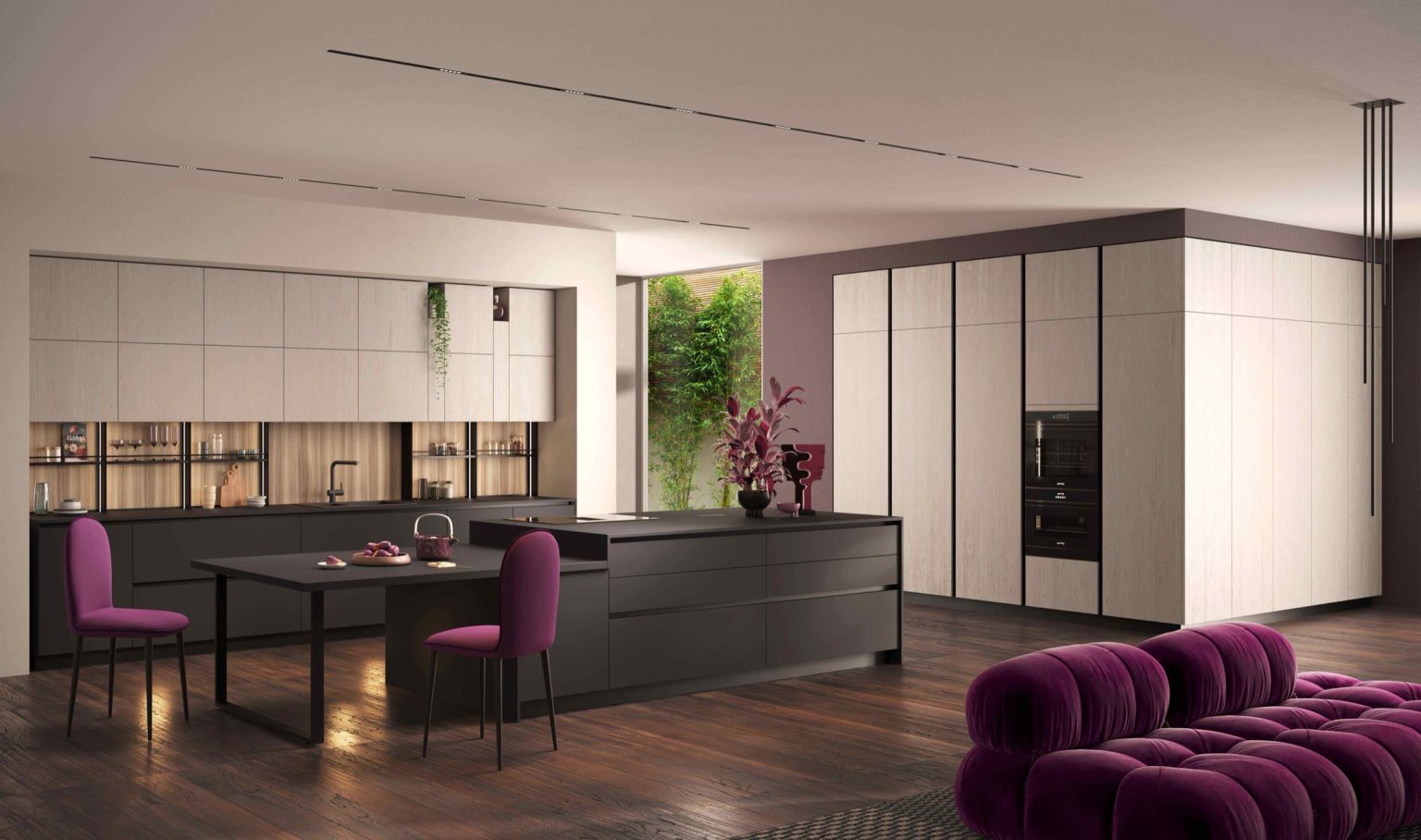 Veduta d'insieme con divano viola e isola nera della cucina Modern & Design Ginevra di Ciao Cucine, colonne angolari effetto legno chiaro