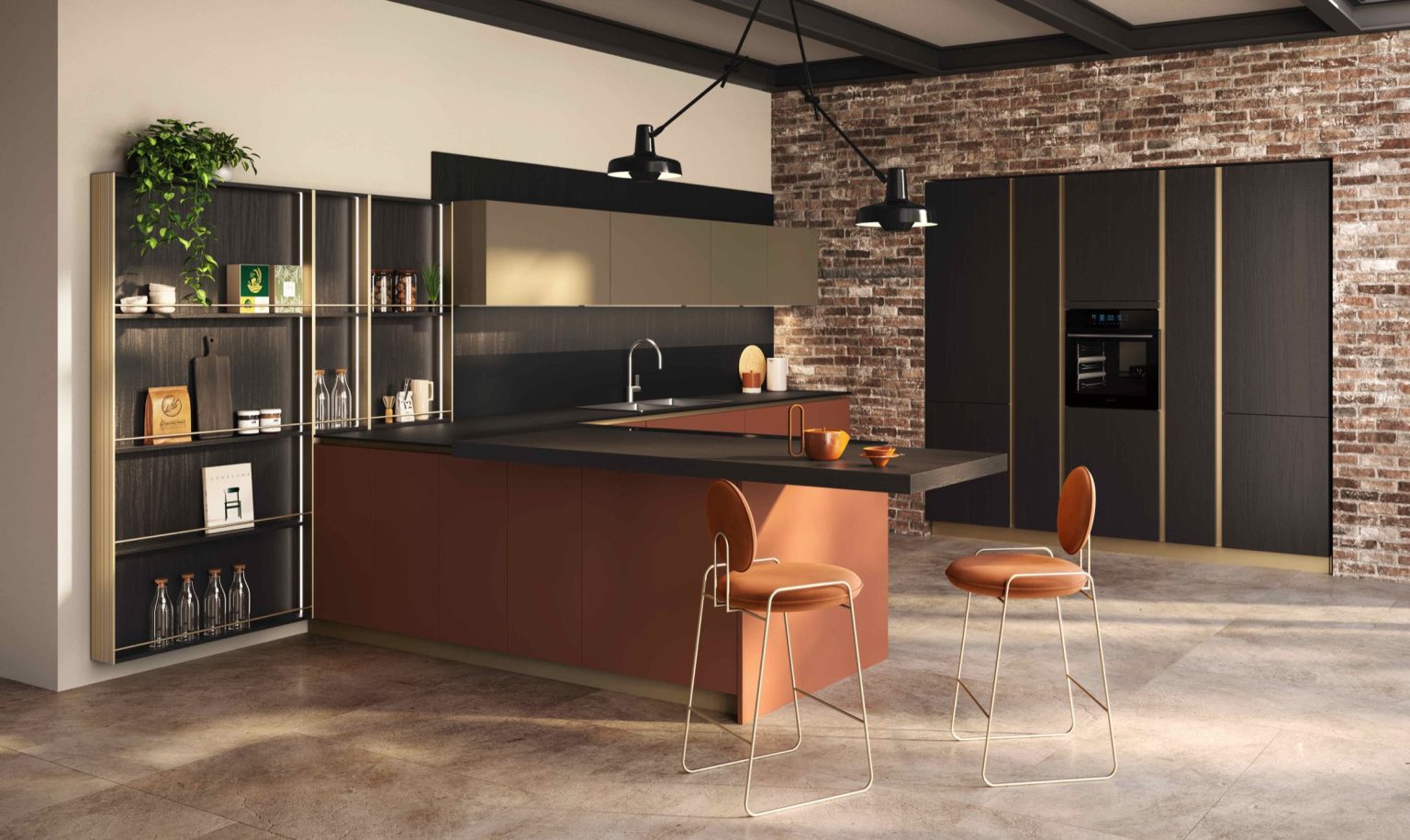 Veduta d'insieme del loft con penisola terracotta e colonne rovere scuro della cucina Modern & Design Ginevra di Ciao Cucine, parete in mattoni industrial