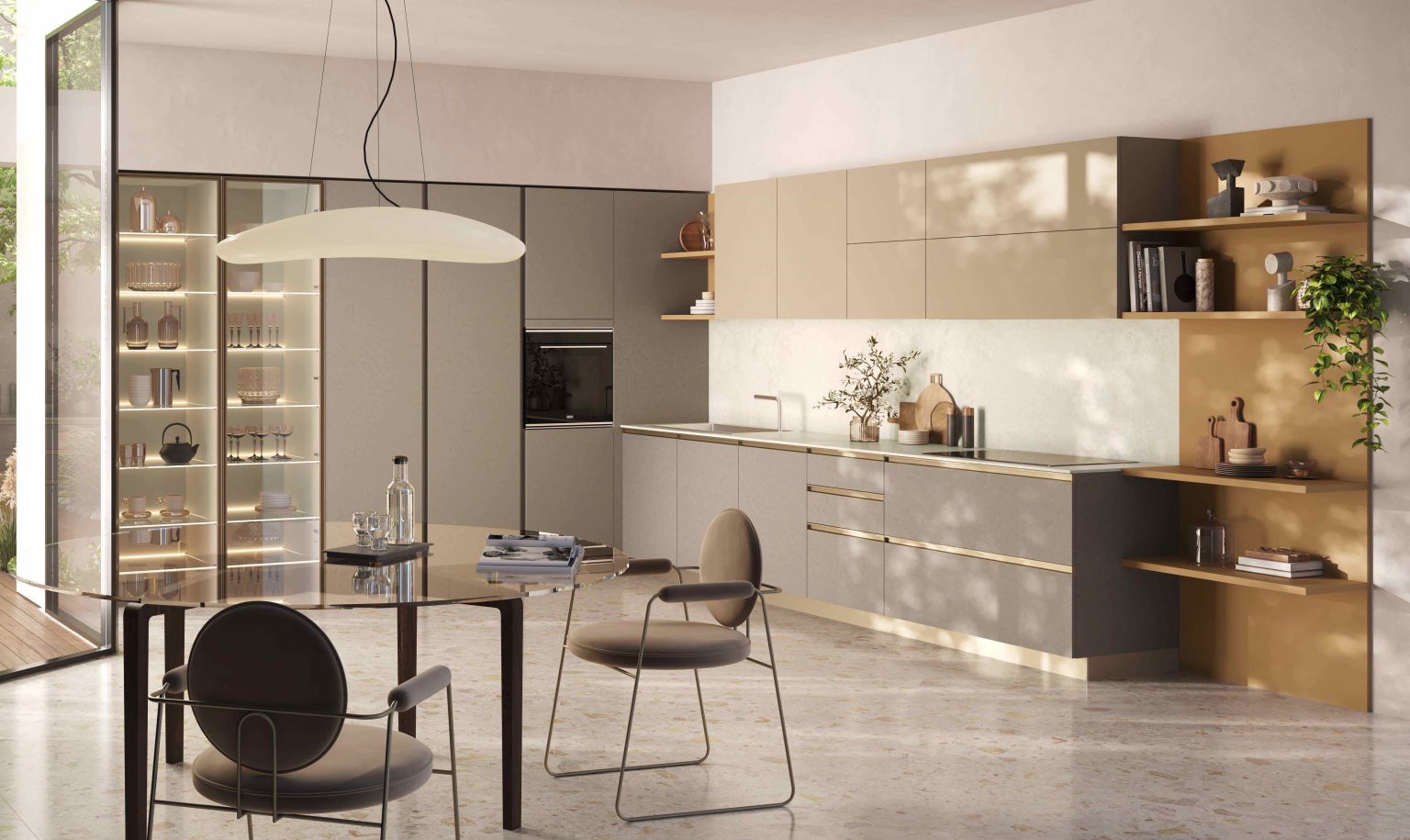Veduta d'insieme con vetrine, tavolo tondo e mensole della cucina Modern & Design Ginevra di Ciao Cucine, ante sabbia e profilo champagne