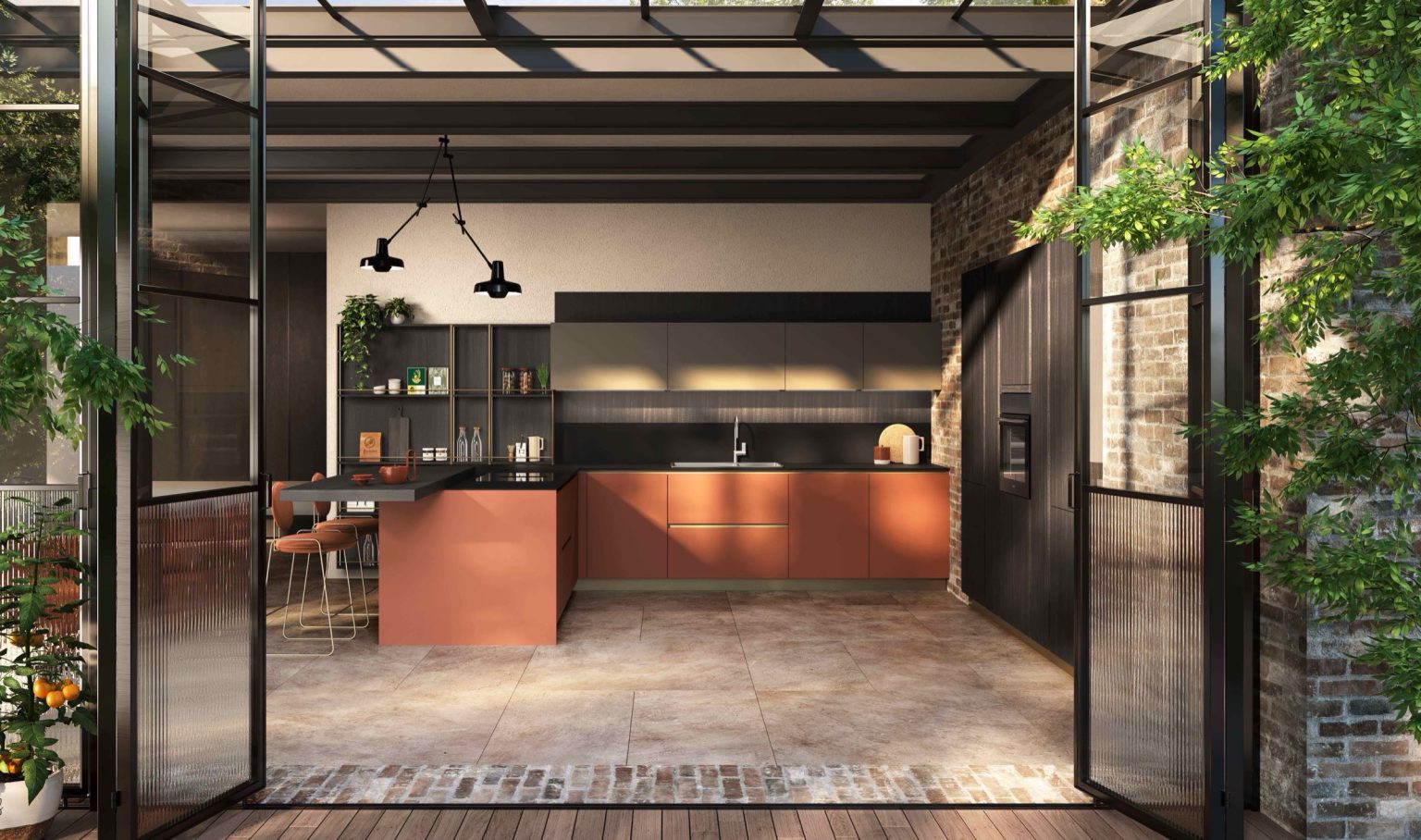 Veduta del loft con vetrate aperte sul giardino e penisola terracotta della cucina Modern & Design Ginevra di Ciao Cucine, finiture rovere scuro industrial