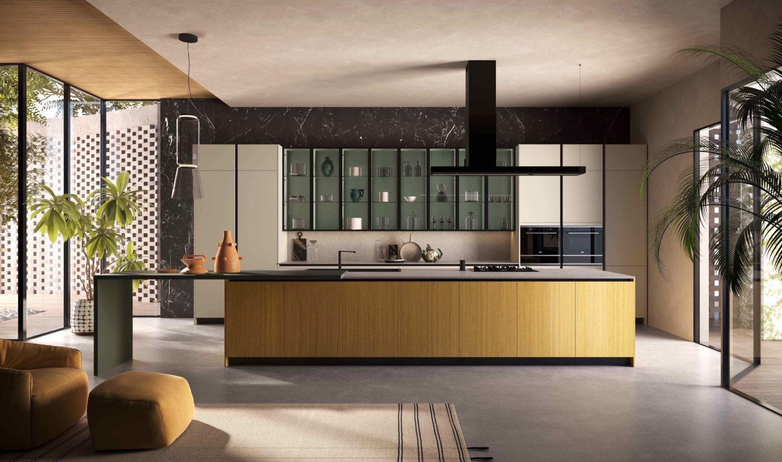 Ampio living con isola in rovere e vetrine con fondo verde, cucina Modern & Design Marilyn di Ciao Cucine con poltrone senape