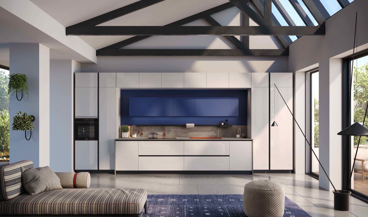 Cucina bianco lucido con pensili blu notte in loft con travi a vista, cucina Modern & Design Marilyn di Ciao Cucine