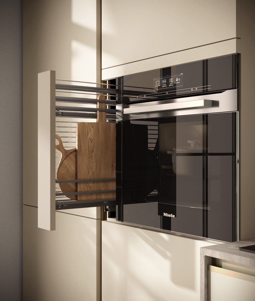 Colonna con forno da incasso e portataglieri estraibile, dettaglio attrezzatura della cucina Modern & Design Marilyn di Ciao Cucine