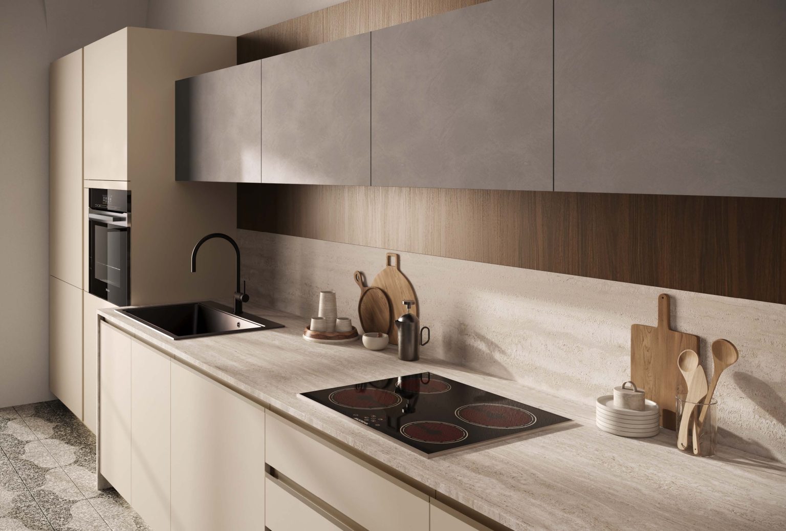 Cucina lineare tortora con pensili effetto cemento e piano cottura, cucina Modern & Design Marilyn di Ciao Cucine con top travertino