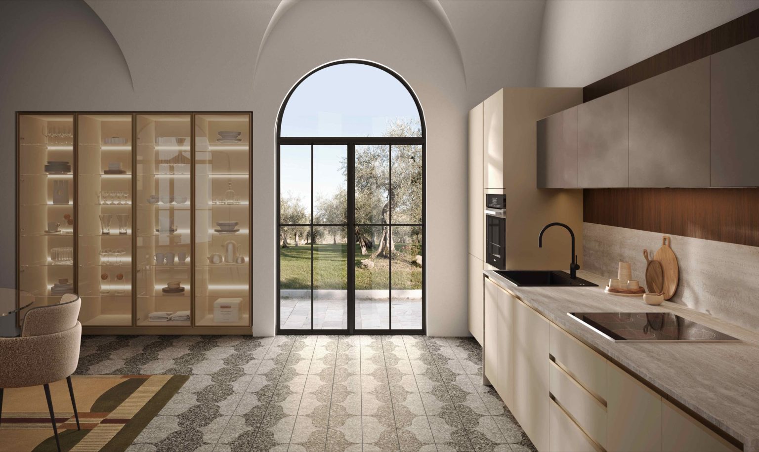 Cucina lineare tortora sotto volte a botte con vetrina e finestra ad arco sull'uliveto, cucina Modern & Design Marilyn di Ciao Cucine