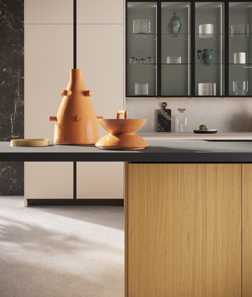 Colonne tortora e isola in rovere con vasi terracotta e pensili a vetro, cucina Modern & Design Marilyn di Ciao Cucine