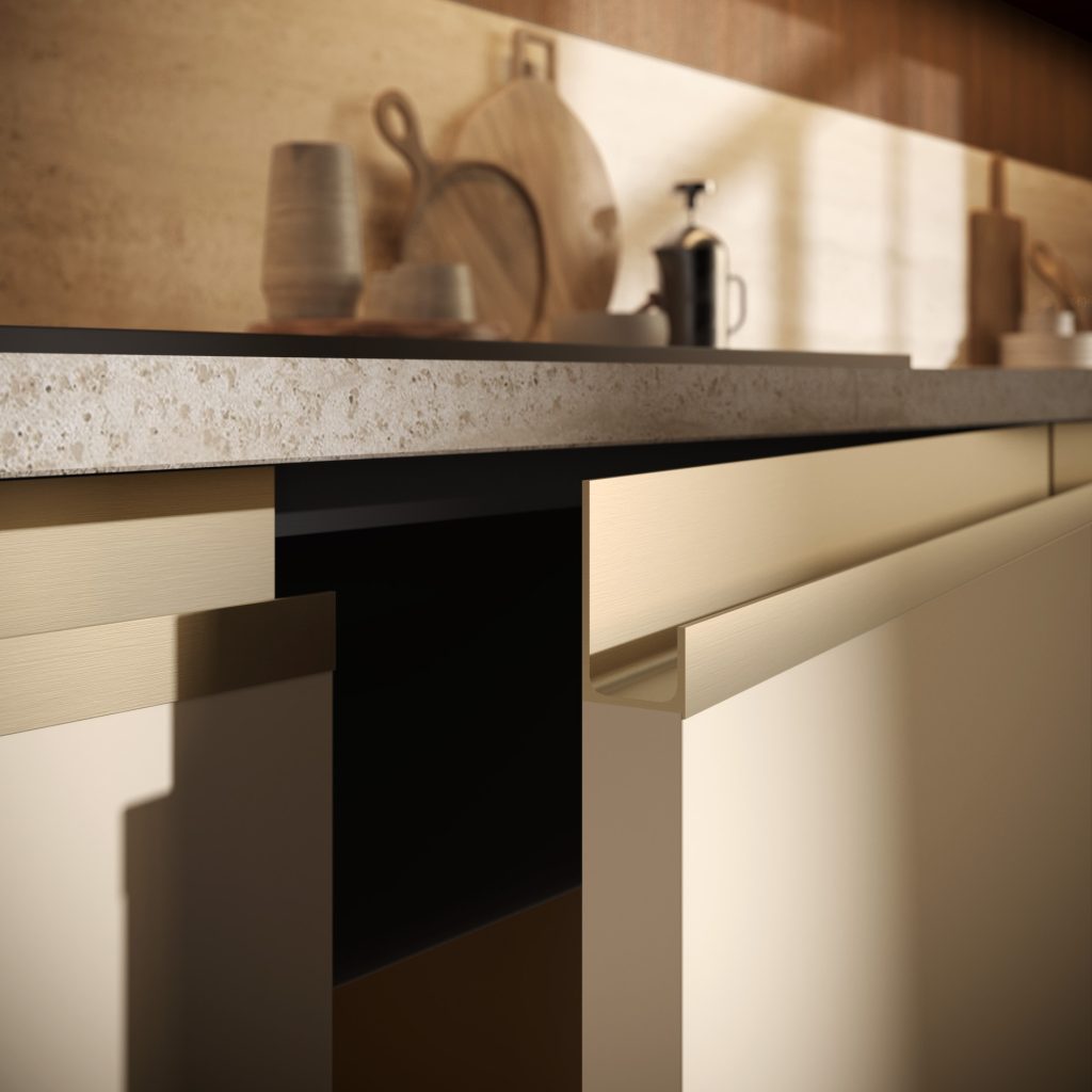 Dettaglio del profilo gola color oro senza maniglie su ante tortora, cucina Modern & Design Marilyn di Ciao Cucine
