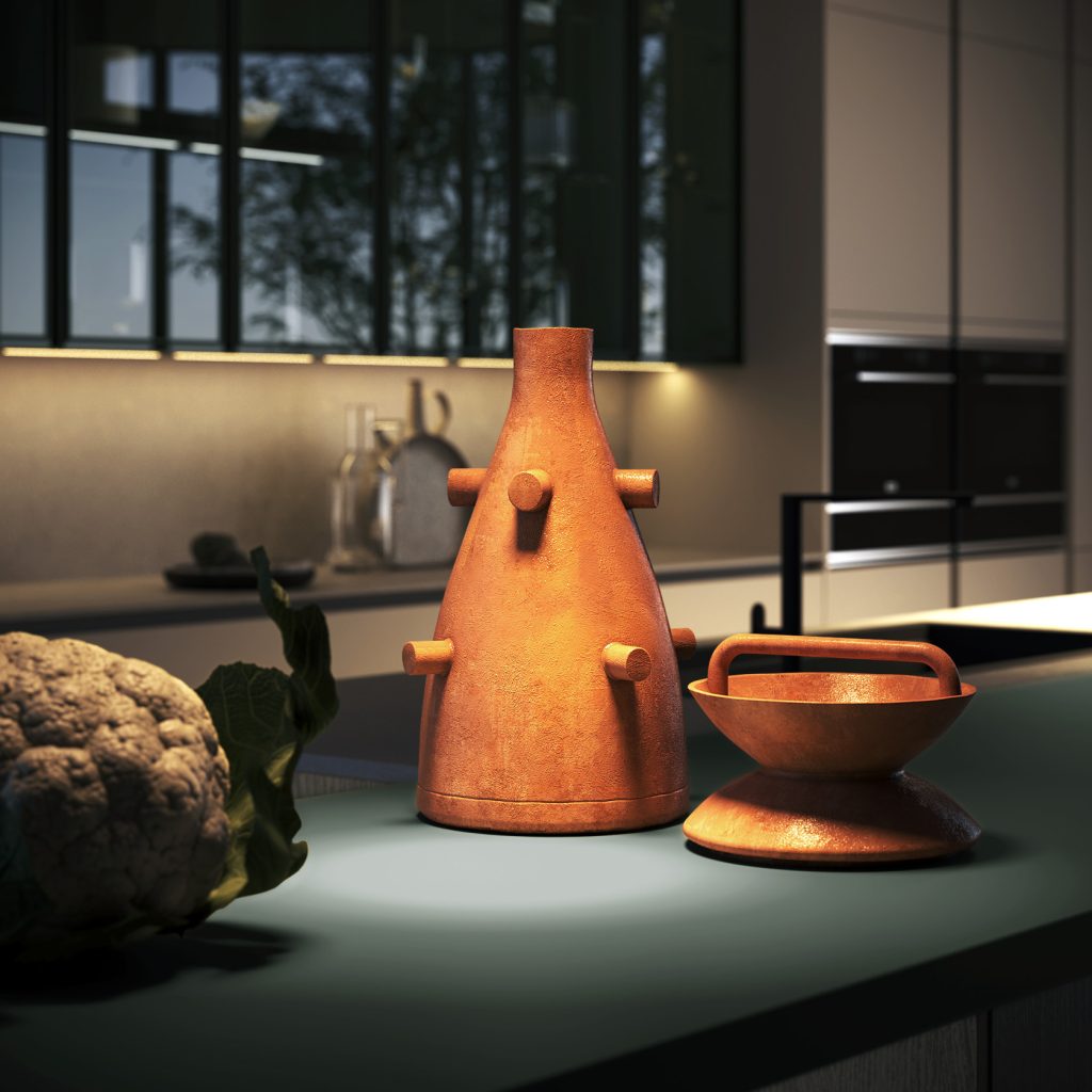 Vasi in terracotta su piano verde con luce serale soffusa, dettaglio d'atmosfera della cucina Modern & Design Marilyn di Ciao Cucine