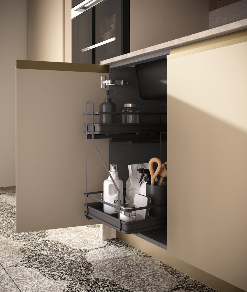 Estraibile sottolavello con detergenti e accessori, dettaglio funzionale della cucina Modern & Design Marilyn di Ciao Cucine