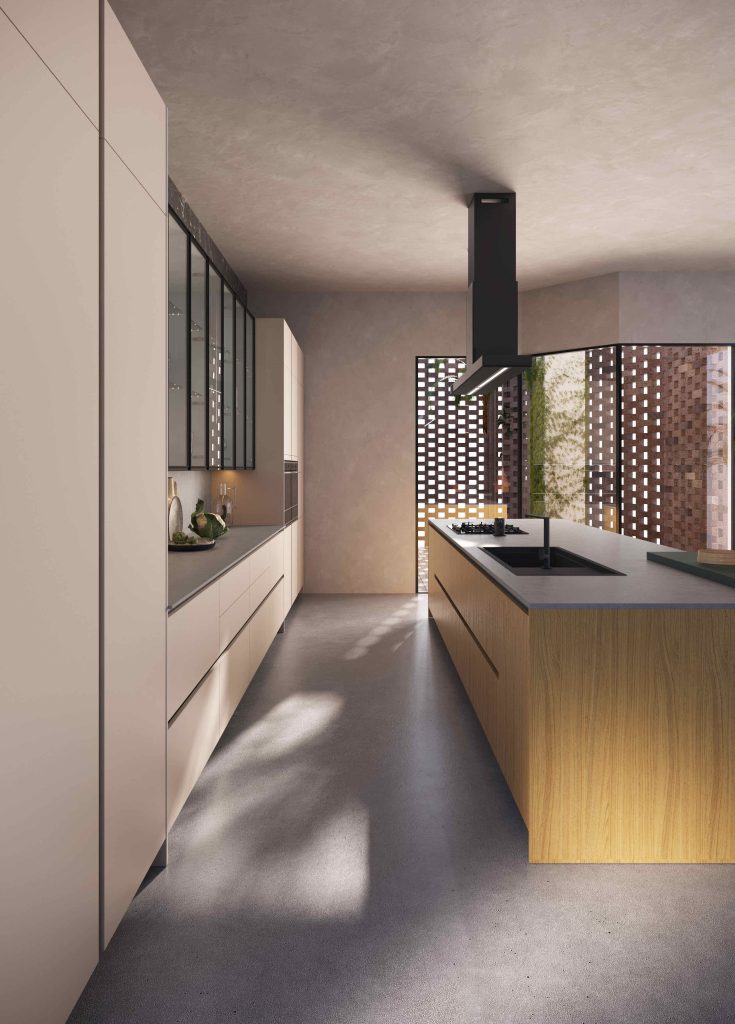 Veduta in profondita con colonne tortora e isola rovere con cappa nera, cucina Modern & Design Marilyn di Ciao Cucine