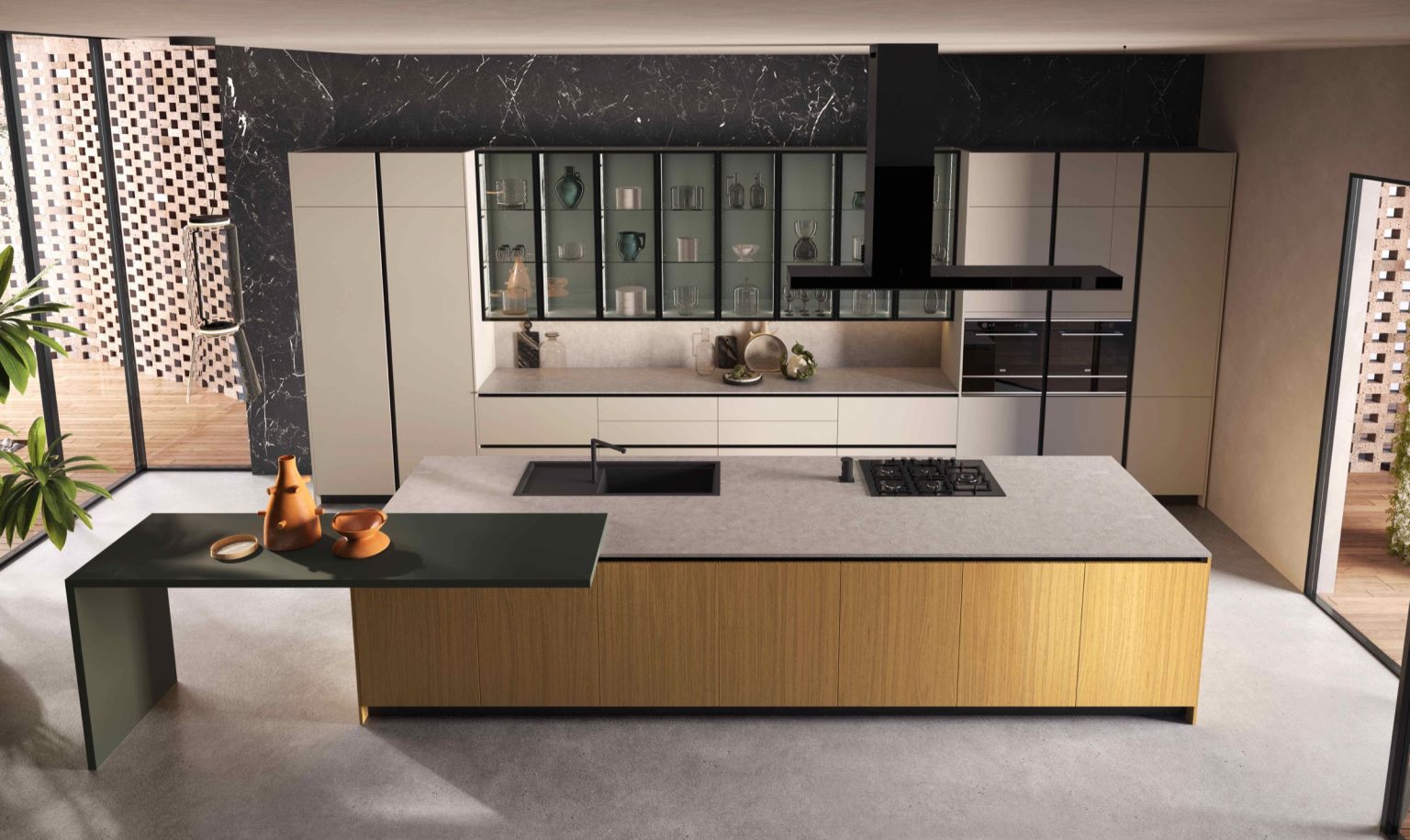 Veduta dall'alto dell'isola in rovere con top pietra e tavolo verde, cucina Modern & Design Marilyn di Ciao Cucine
