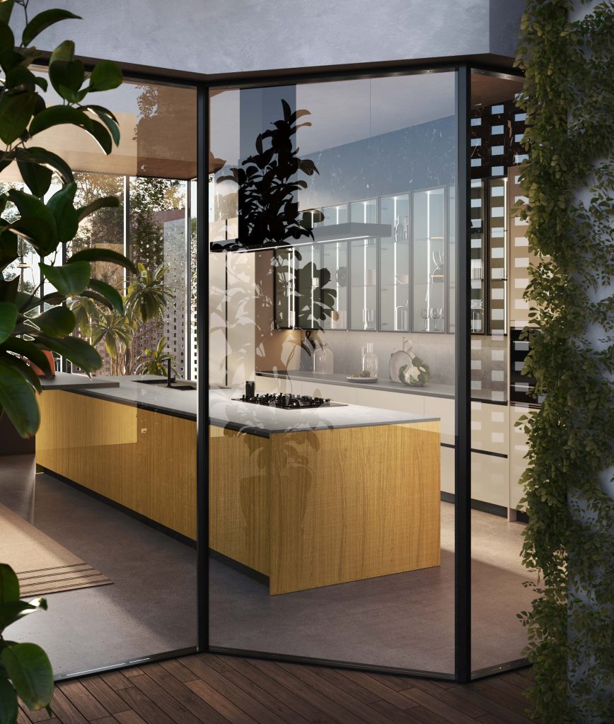 Isola in rovere con piano cottura vista attraverso vetrata d'angolo, cucina Modern & Design Marilyn di Ciao Cucine tra il verde
