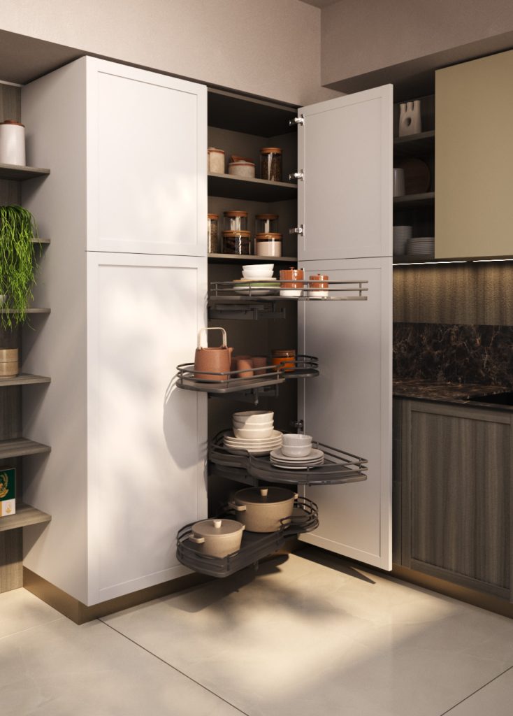 Cucina moderna economica Marlene di Ciao Cucine, colonna dispensa con cestelli estraibili ad angolo per pentole e stoviglie