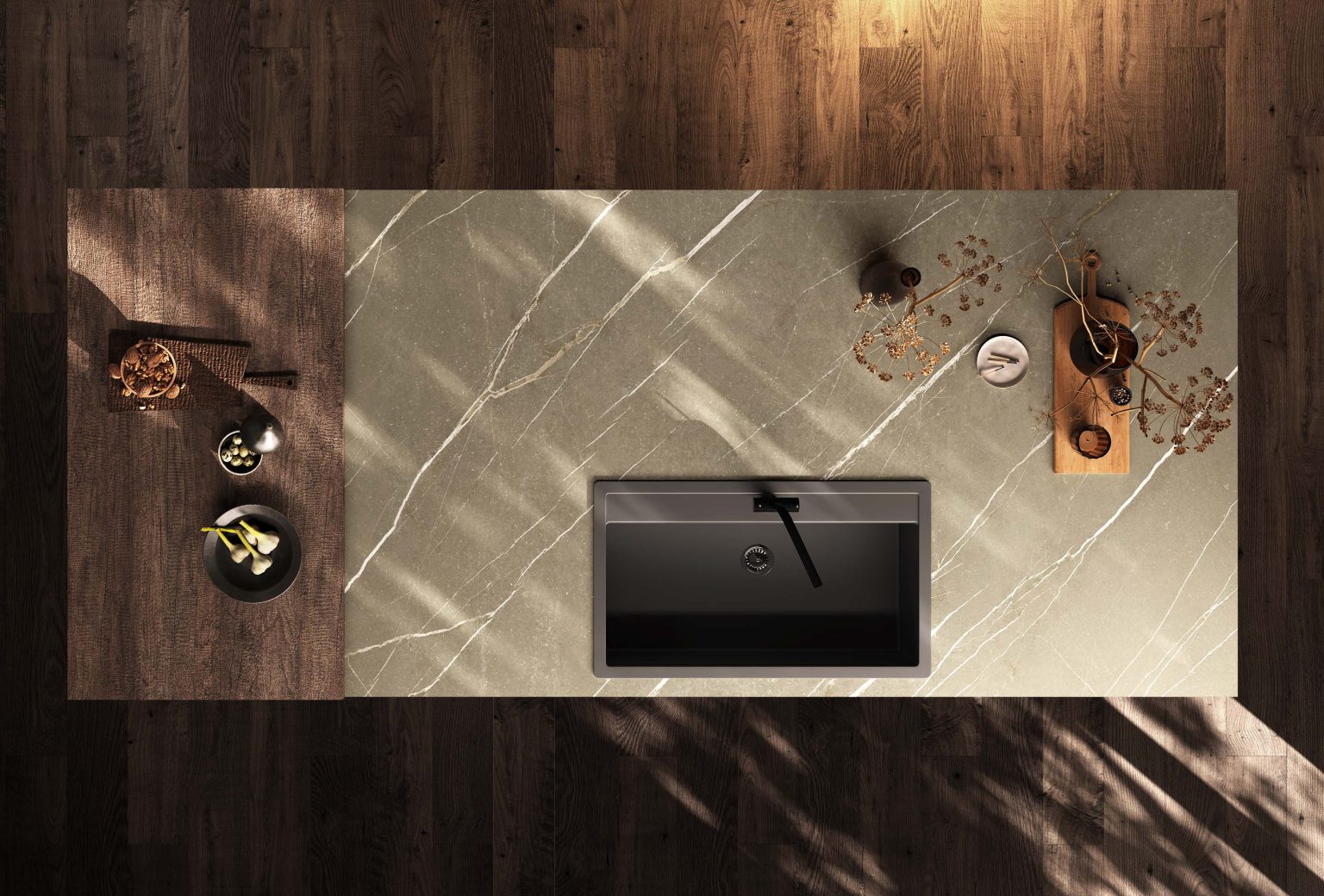 Cucina moderna economica Marlene di Ciao Cucine, piano dell'isola effetto marmo con lavello nero visto dall'alto