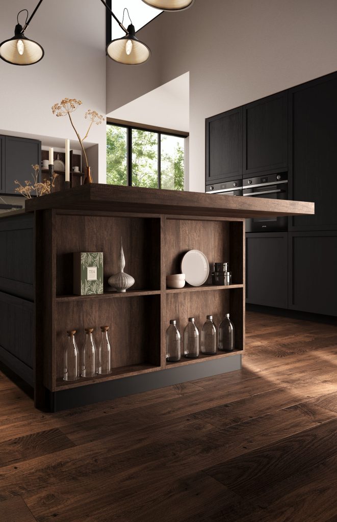 Cucina moderna economica Marlene di Ciao Cucine, isola in legno con vani a giorno e bottiglie in vetro decorative