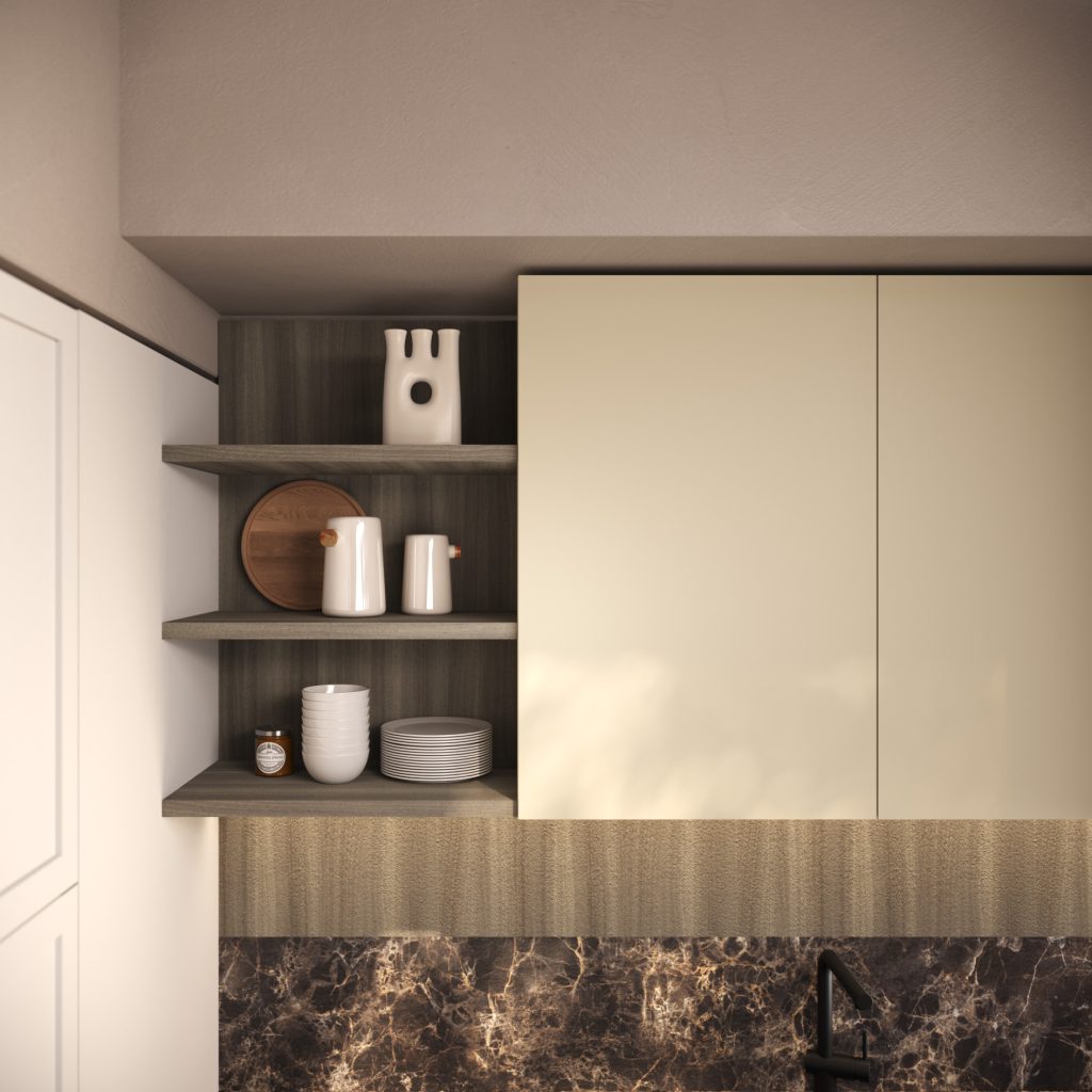 Cucina moderna economica Marlene di Ciao Cucine, mensole a giorno d'angolo in legno accanto al pensile laccato tortora