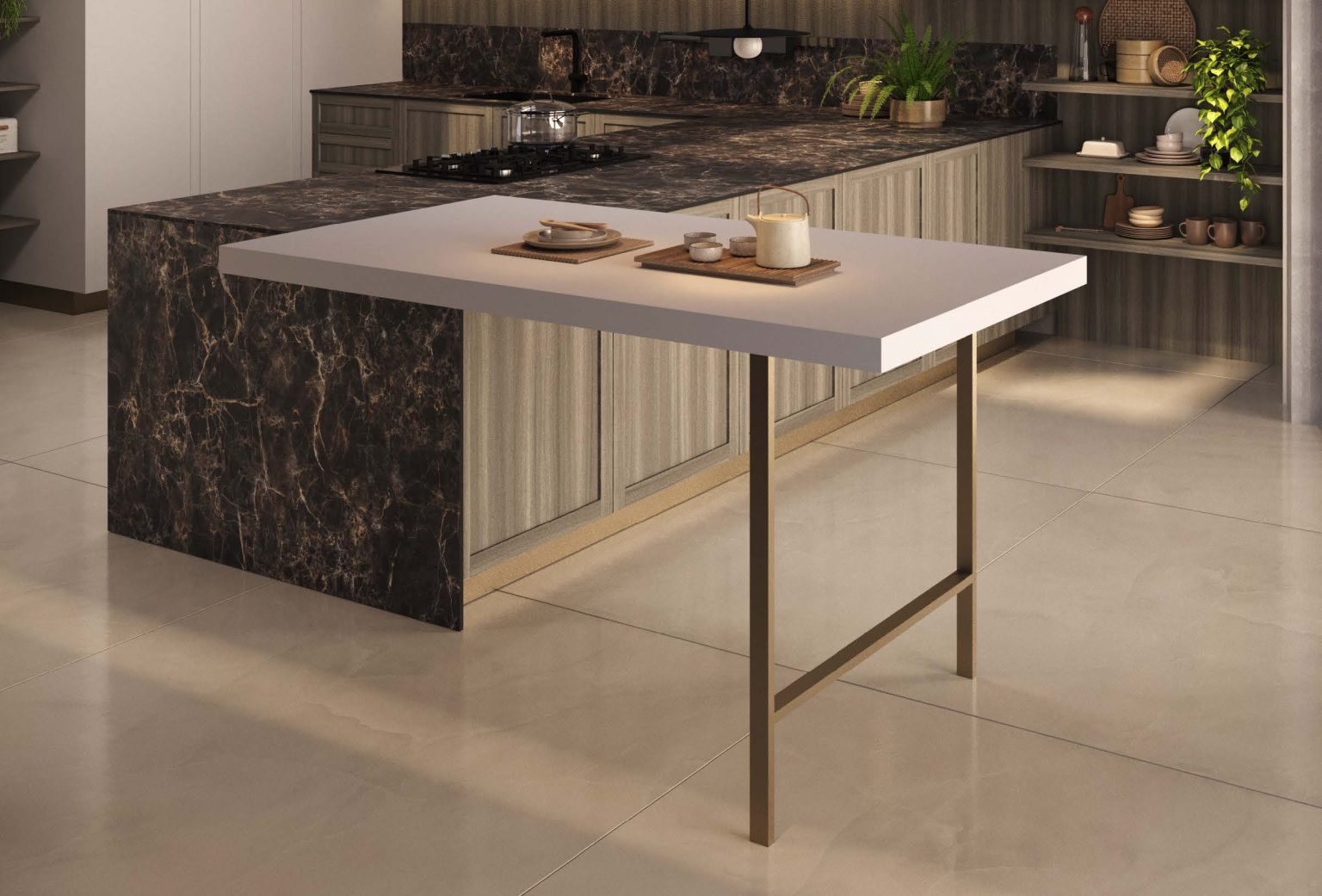 Cucina moderna economica Marlene di Ciao Cucine, penisola effetto marmo scuro con tavolo snack e gambe in ottone