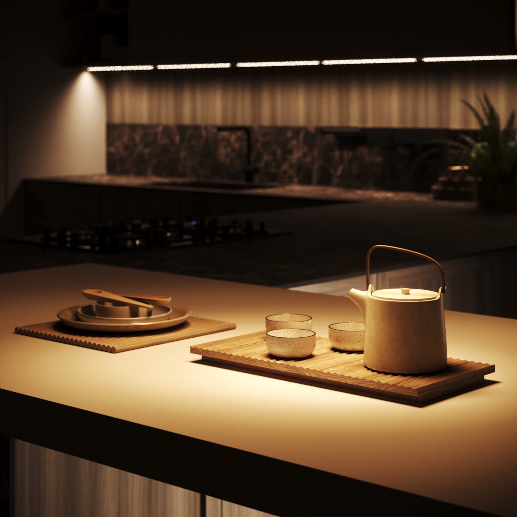 Cucina moderna economica Marlene di Ciao Cucine, dettaglio della penisola chiara con set da te in atmosfera serale